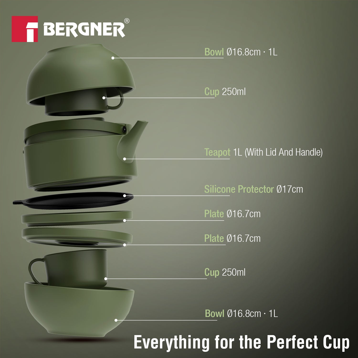 MasterPRO by Bergner Share Play Stoneware 8 Pcs Teaware Set - Sage Green