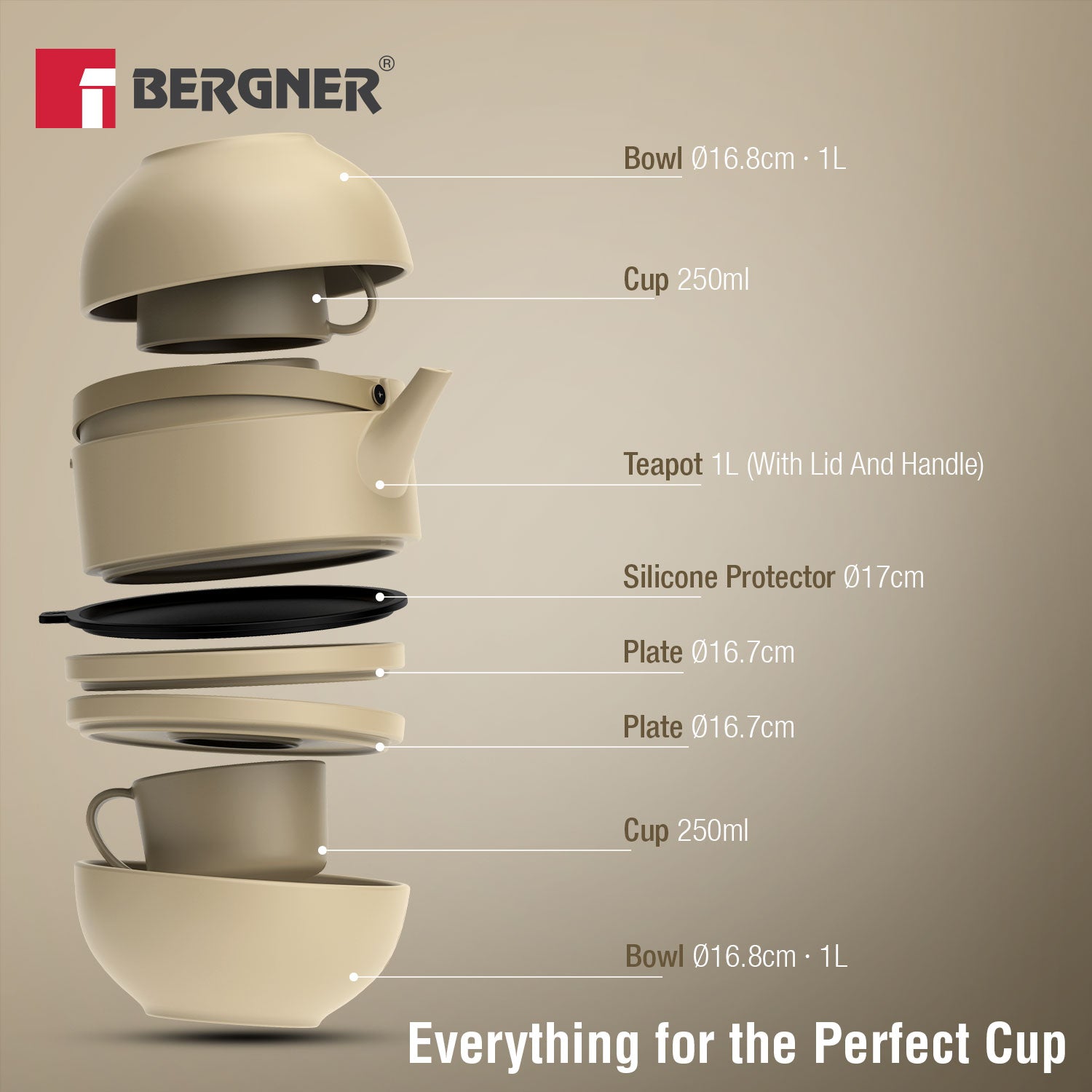 MasterPRO by Bergner Share Play Stoneware 8 Pcs Teaware Set - Warm Beige