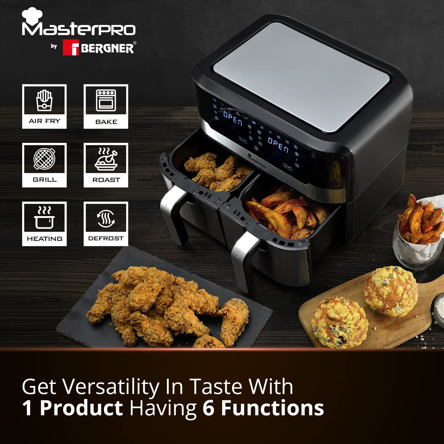 MasterPro Multifunctional Dual Air Fryer, 11 Customizable Programs, 4.5 L
