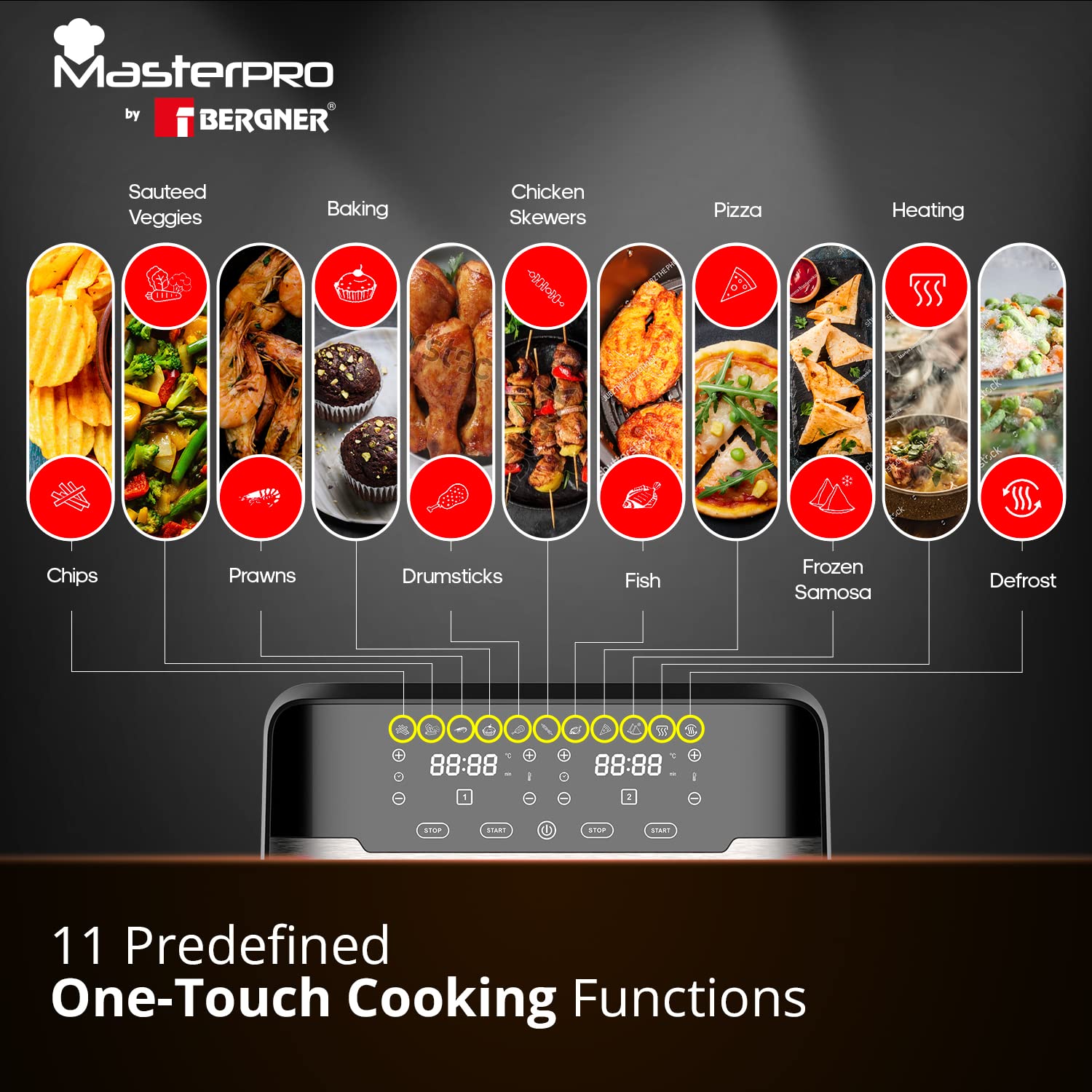 MasterPro Multifunctional Dual Air Fryer, 11 Customizable Programs, 4.5 L
