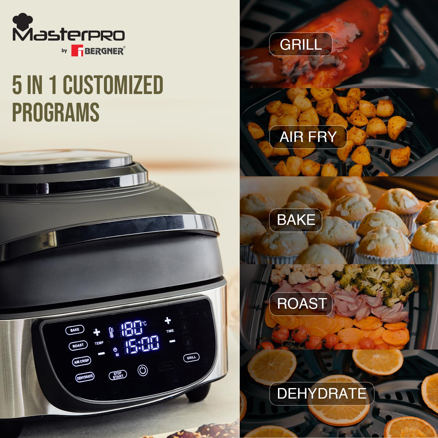 MasterPro Smokeless Grill 7L (1800W), For Air Fry/Bake/Grill/Roast/ Dehydrate