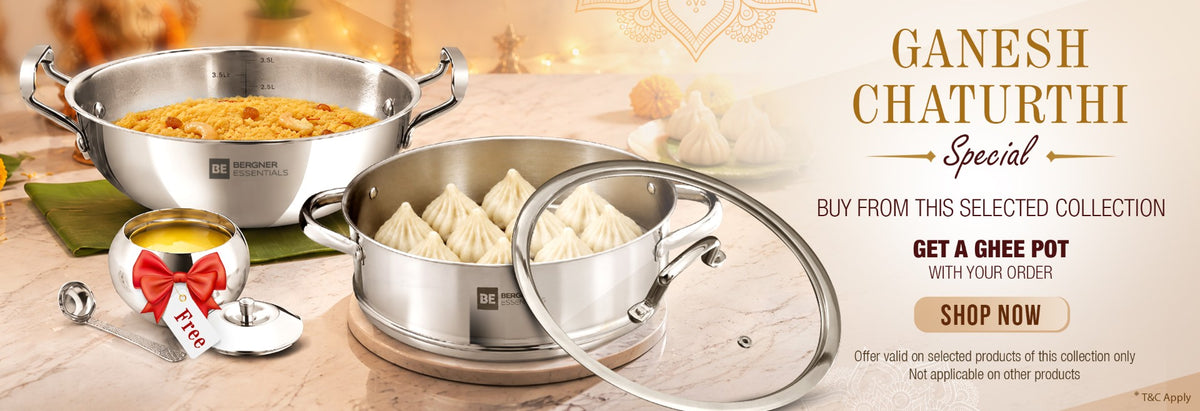 Bergner Essentials Ganesh Chaturthi Special promotional banner featuring triply stainless steel cookware and a ghee pot, with an offer to receive a ghee pot with orders from the selected collection.