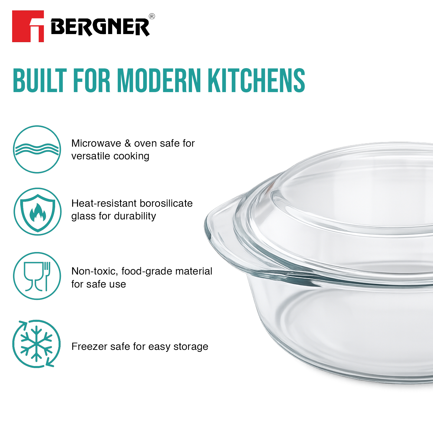 Ambiento Borosilicate Glass Casserole With Lid 1.5L