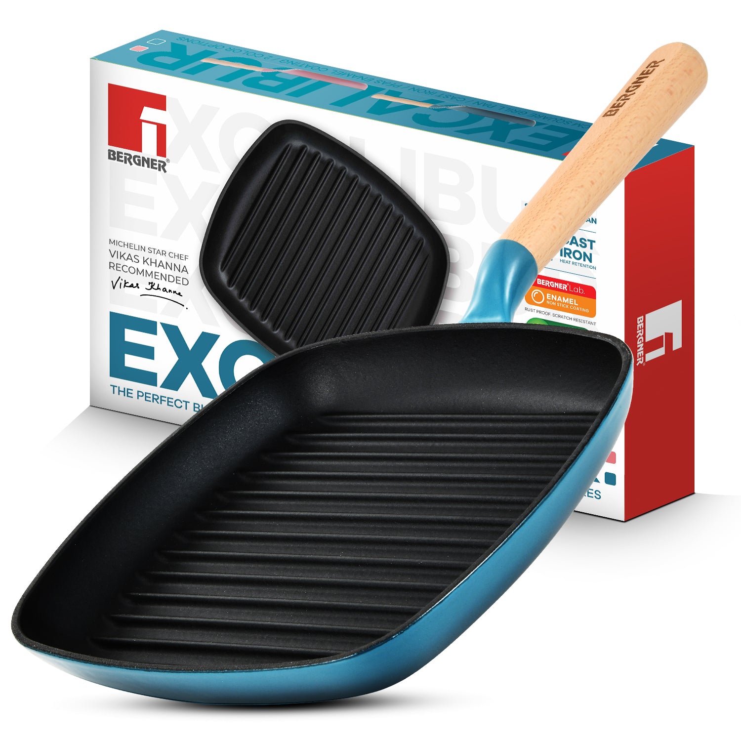 Excalibur Light Cast Iron 24cm Square Grill Pan - Induction Bottom, Blue