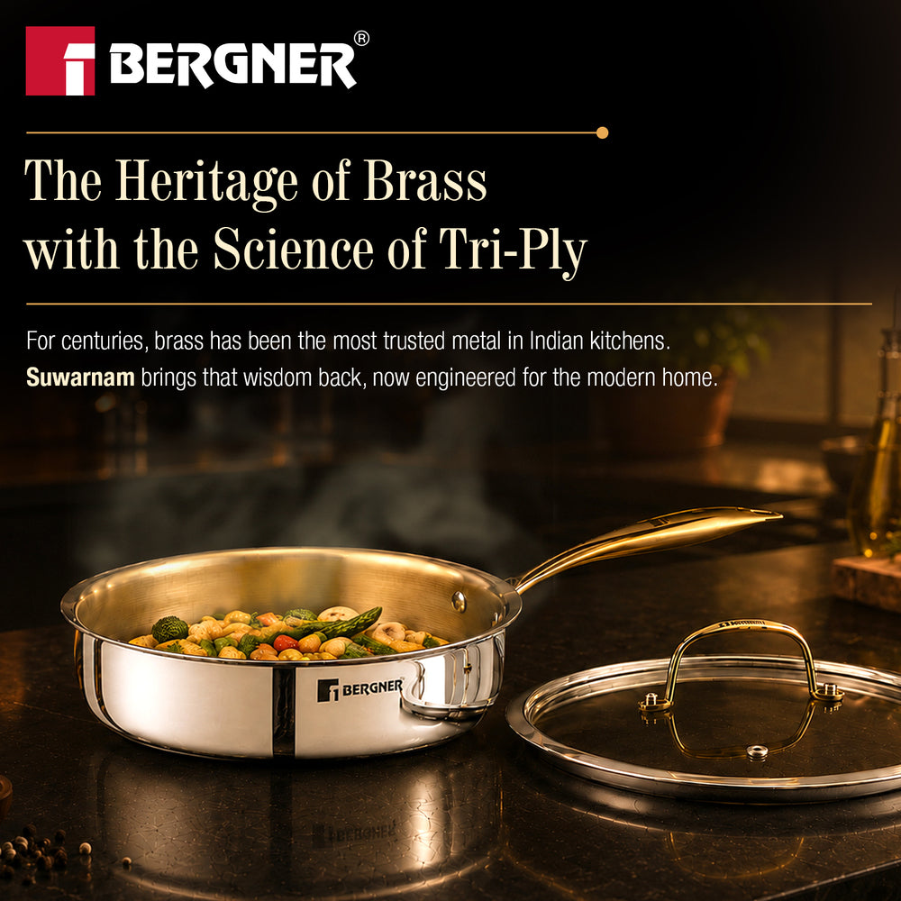 Suwarnam Triply Brass Saute Pan with Glass Lid, 24cm | Induction