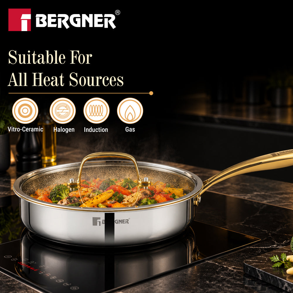 Suwarnam Triply Brass Saute Pan with Glass Lid, 24cm | Induction