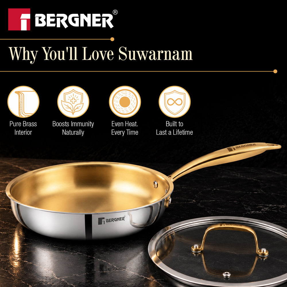 Suwarnam Triply Brass Saute Pan with Glass Lid, 24cm | Induction