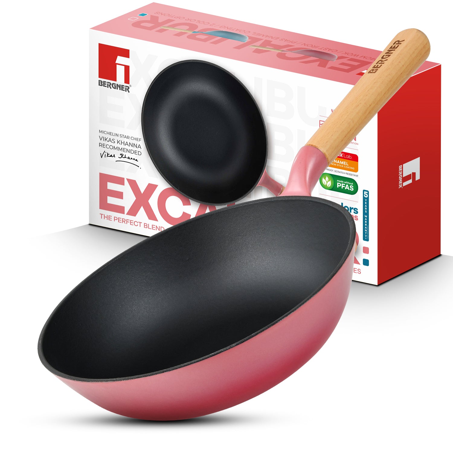 Excalibur Light Cast Iron 24cm (2L) Wok - Induction Bottom, Pink