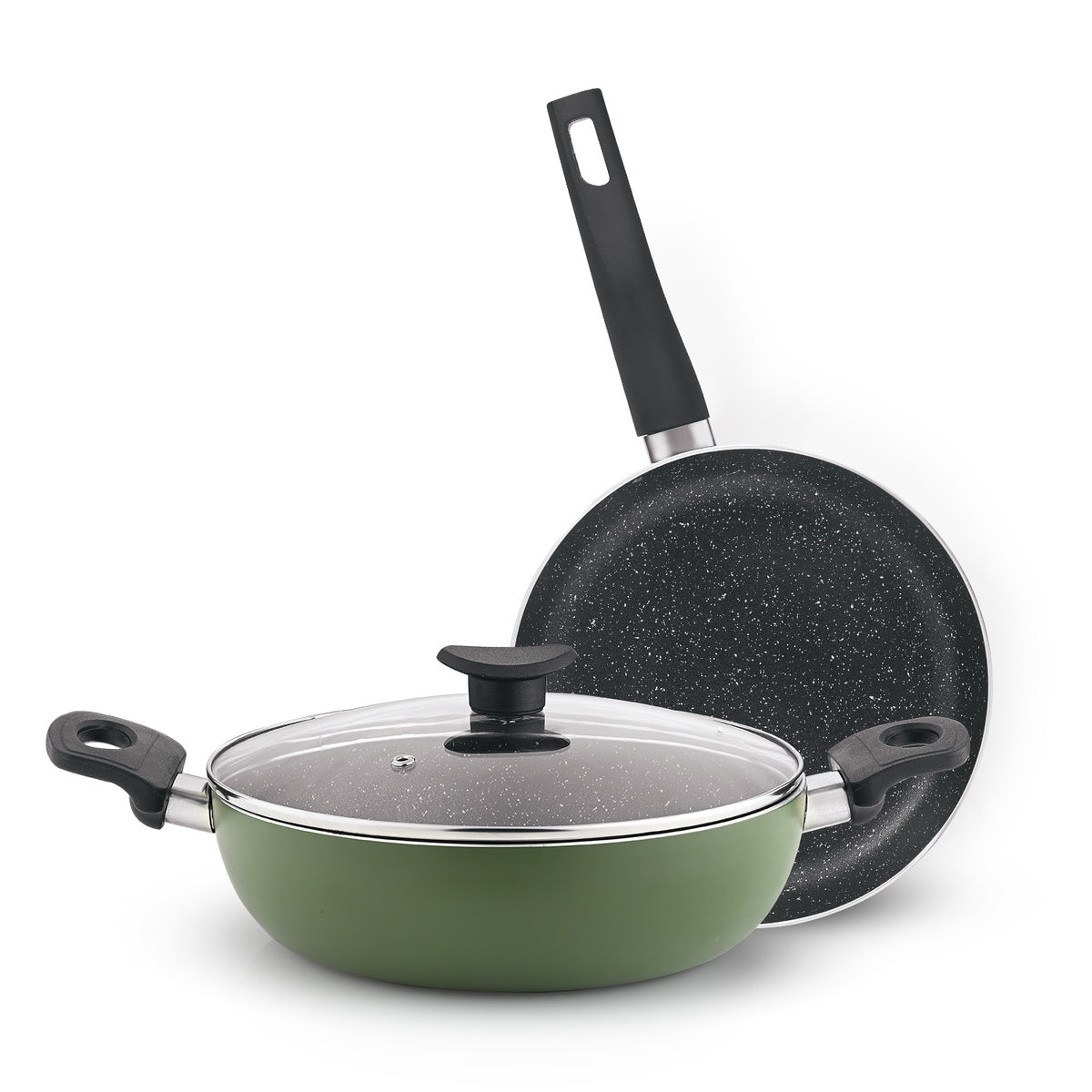 Bergner Dahlia 3-Layer Non-Stick Coating 3 Pcs Cookware Set - 24cm (2.5 L) Kadai with Glass Lid and 24cm Frypan, Less Oil Use - Induction Bottom