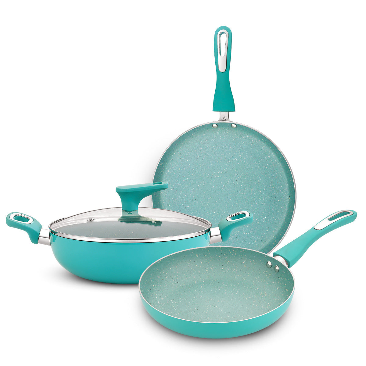 Bergner Azur Non-Stick 4 Pcs Cookware Set - 24cm (2.5 L) Kadai with Glass Lid, 24cm Frypan and 28cm Tawa - Induction Bottom