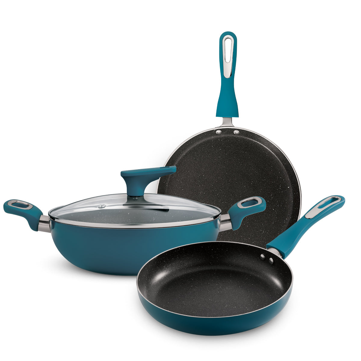 Bergner Cyan Non-Stick 4 Pcs Cookware Set - 24cm (2.5 L) Kadai with Glass Lid, 24cm Frypan and 28cm Tawa - Induction Bottom