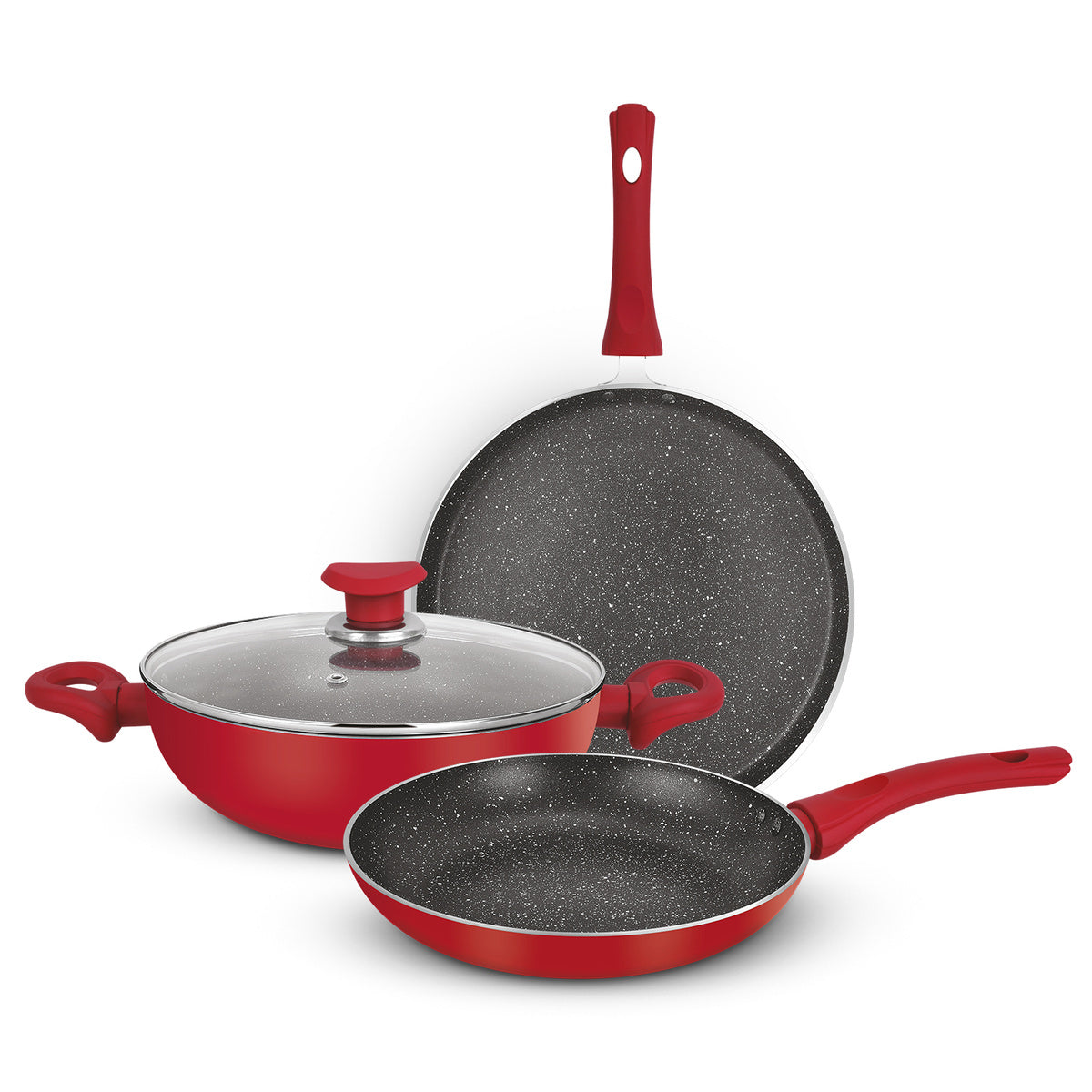 Bergner Bellini Plus Non-Stick 4 Pcs Cookware Set - 24cm (2.5 L) Kadai with Glass Lid, 24cm Frypan and 28cm Tawa, Less Oil Use - Induction Bottom