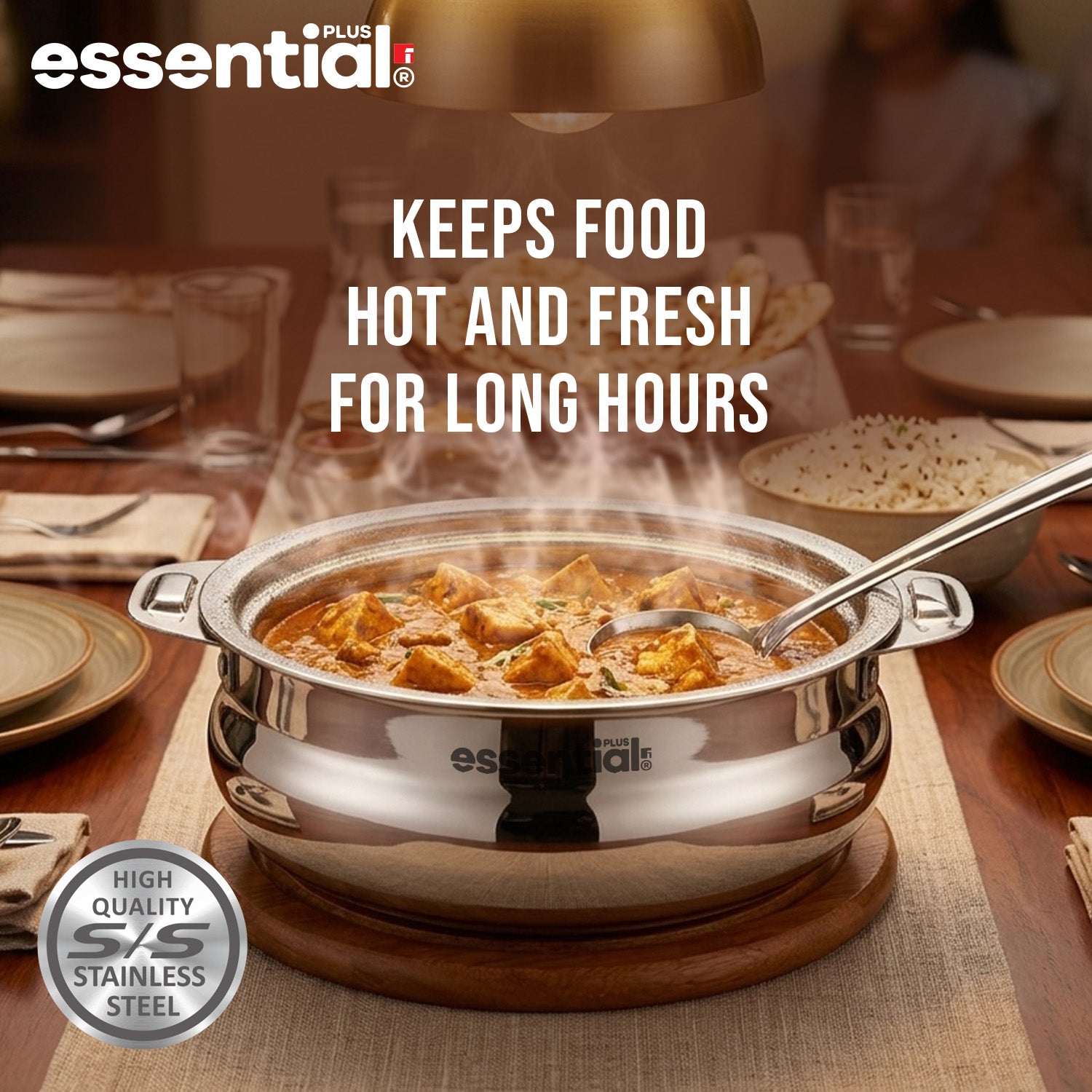 Essential Plus Stainless Steel Belly Shape Hot Pot (Roti Casserole) 2000ml