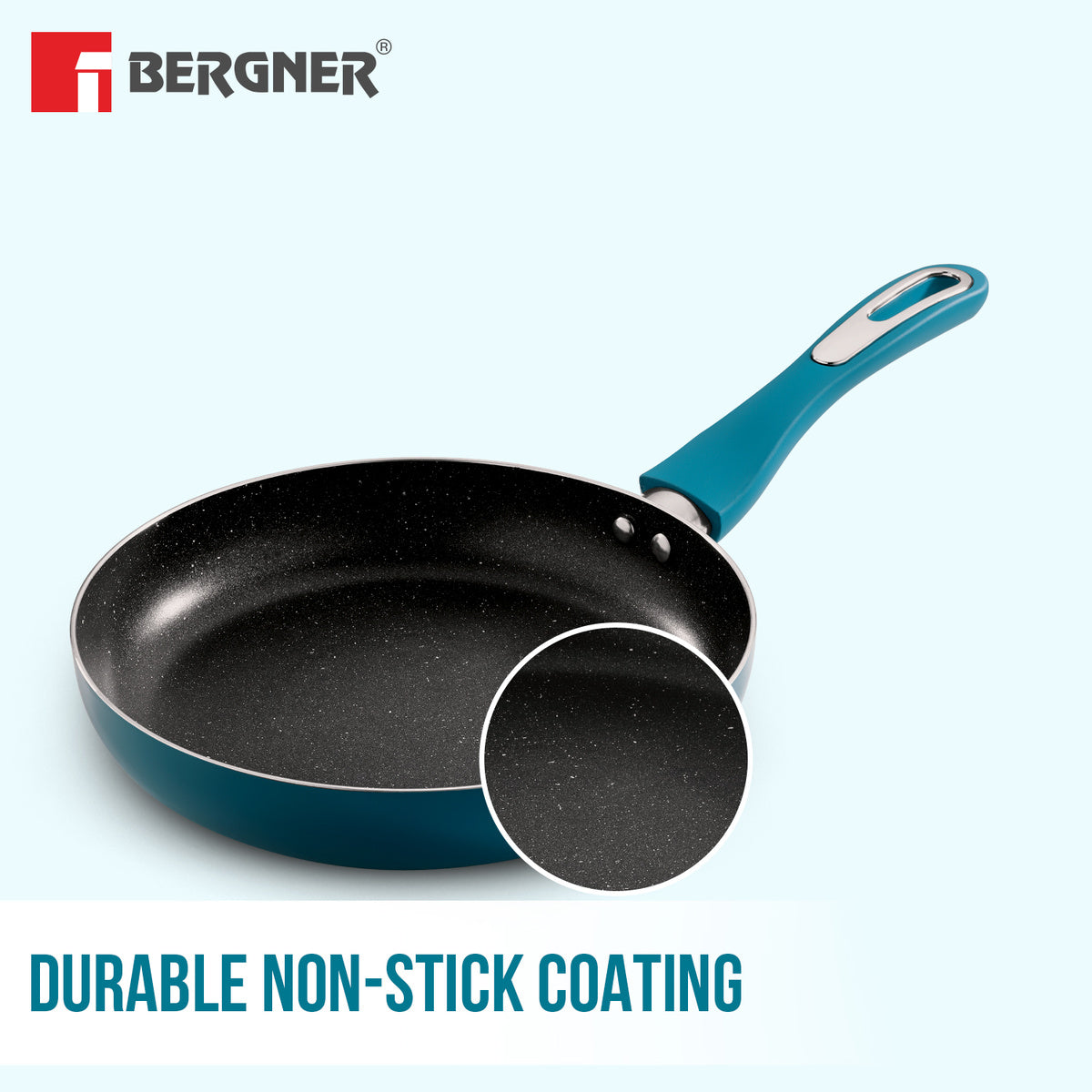 Bergner Cyan Non-Stick 4 Pcs Cookware Set - 24cm (2.5 L) Kadai with Glass Lid, 24cm Frypan and 28cm Tawa - Induction Bottom