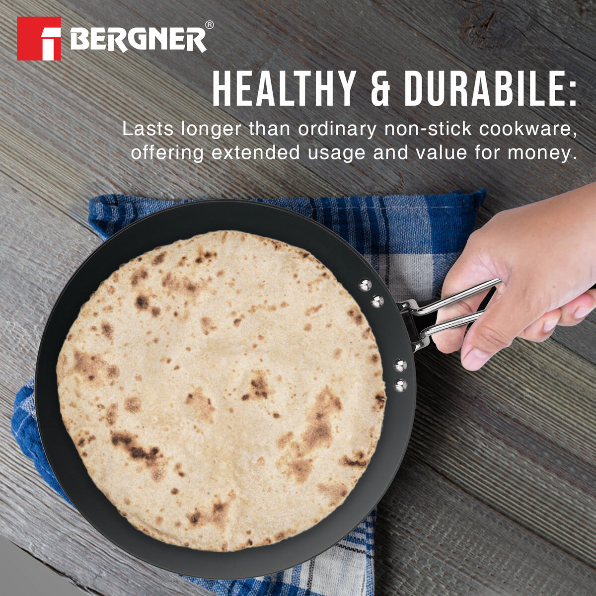 Bergner ArtisanForge Hard Anodised Roti Tawa, Metal Kitchen Tool Friendly, Durable, Even Heat Distribution, 4.8mm Thickness, Gas Stove Compatible