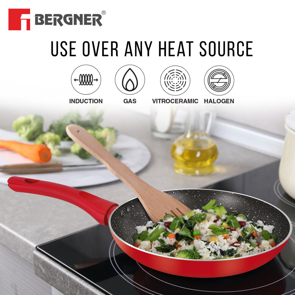 Bergner Bellini Plus Non-Stick 4 Pcs Cookware Set - 24cm (2.5 L) Kadai with Glass Lid, 24cm Frypan and 28cm Tawa, Less Oil Use - Induction Bottom