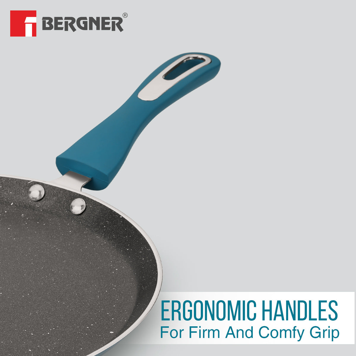 Bergner Cyan Non-Stick 4 Pcs Cookware Set - 24cm (2.5 L) Kadai with Glass Lid, 24cm Frypan and 28cm Tawa - Induction Bottom