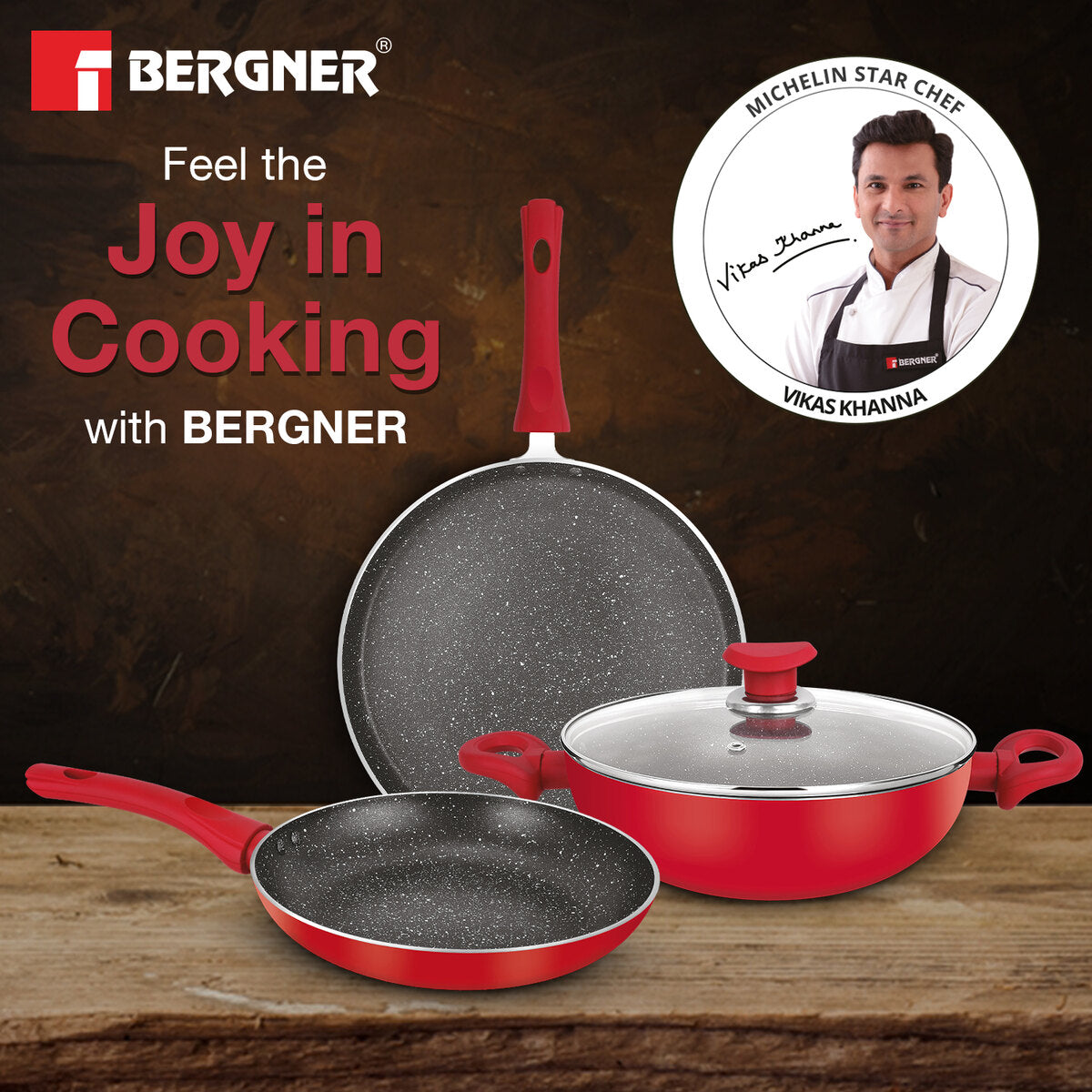 Bergner Bellini Plus Non-Stick 4 Pcs Cookware Set - 24cm (2.5 L) Kadai with Glass Lid, 24cm Frypan and 28cm Tawa, Less Oil Use - Induction Bottom