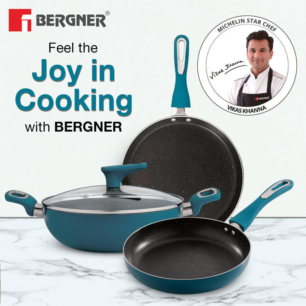 Bergner Cyan Non-Stick 4 Pcs Cookware Set - 24cm (2.5 L) Kadai with Glass Lid, 24cm Frypan and 28cm Tawa - Induction Bottom