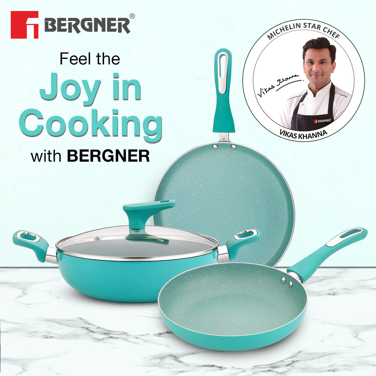 Bergner Azur Non-Stick 4 Pcs Cookware Set - 24cm (2.5 L) Kadai with Glass Lid, 24cm Frypan and 28cm Tawa - Induction Bottom