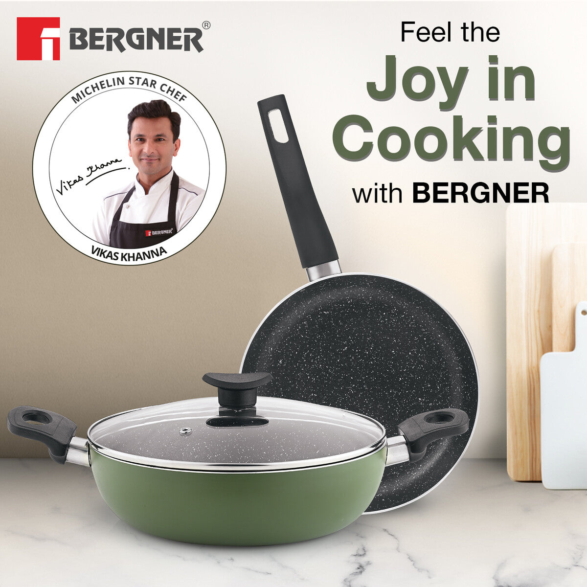 Bergner Dahlia 3-Layer Non-Stick Coating 3 Pcs Cookware Set - 24cm (2.5 L) Kadai with Glass Lid and 24cm Frypan, Less Oil Use - Induction Bottom