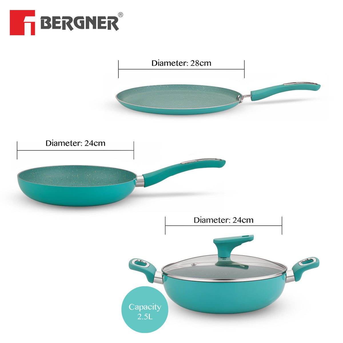 Bergner Azur Non-Stick 4 Pcs Cookware Set - 24cm (2.5 L) Kadai with Glass Lid, 24cm Frypan and 28cm Tawa - Induction Bottom