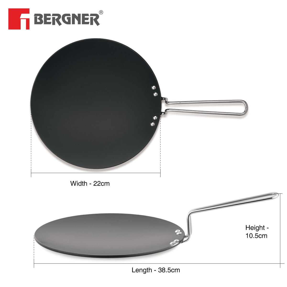 Bergner ArtisanForge Hard Anodised Roti Tawa, Metal Kitchen Tool Friendly, Durable, Even Heat Distribution, 4.8mm Thickness, Gas Stove Compatible