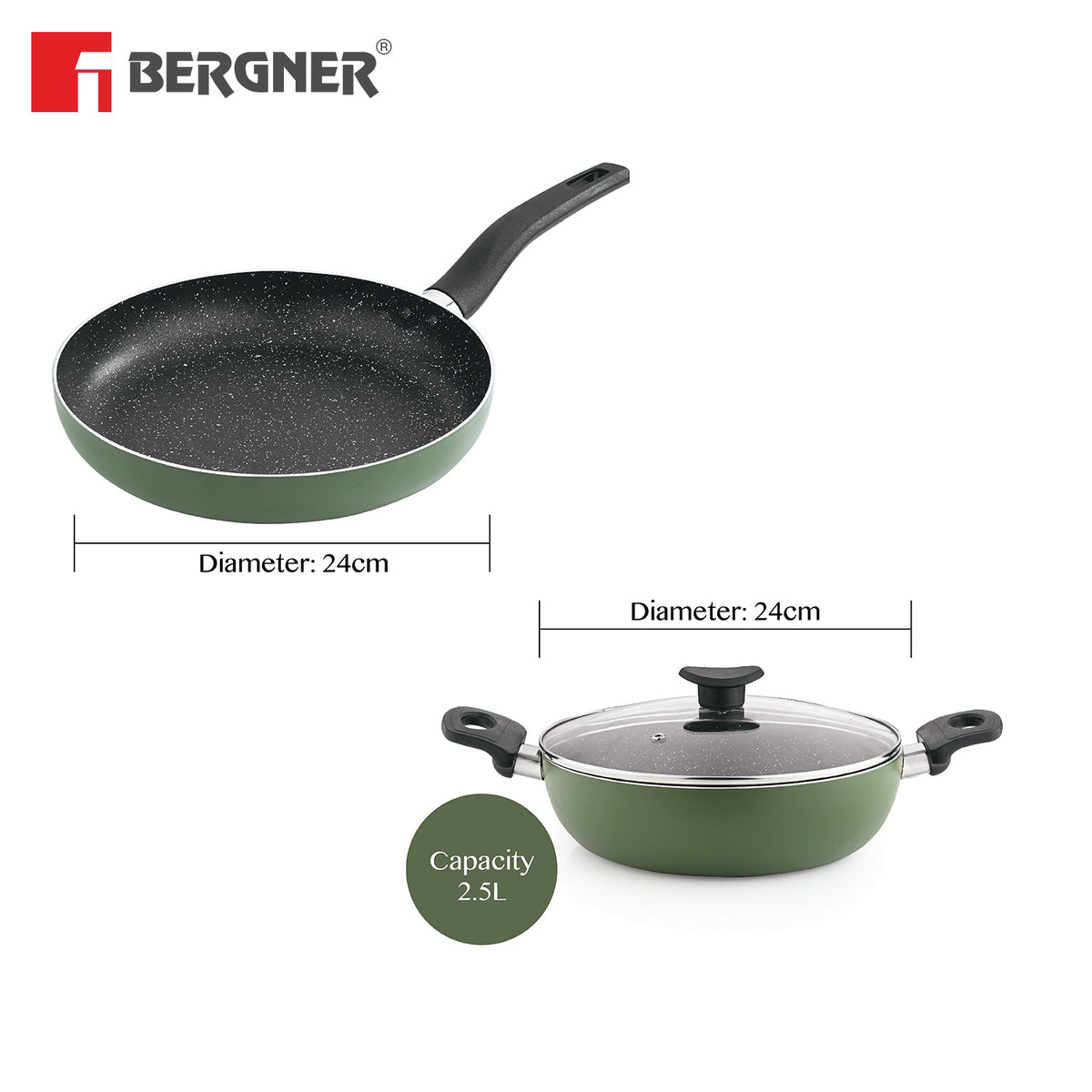 Bergner Dahlia 3-Layer Non-Stick Coating 3 Pcs Cookware Set - 24cm (2.5 L) Kadai with Glass Lid and 24cm Frypan, Less Oil Use - Induction Bottom