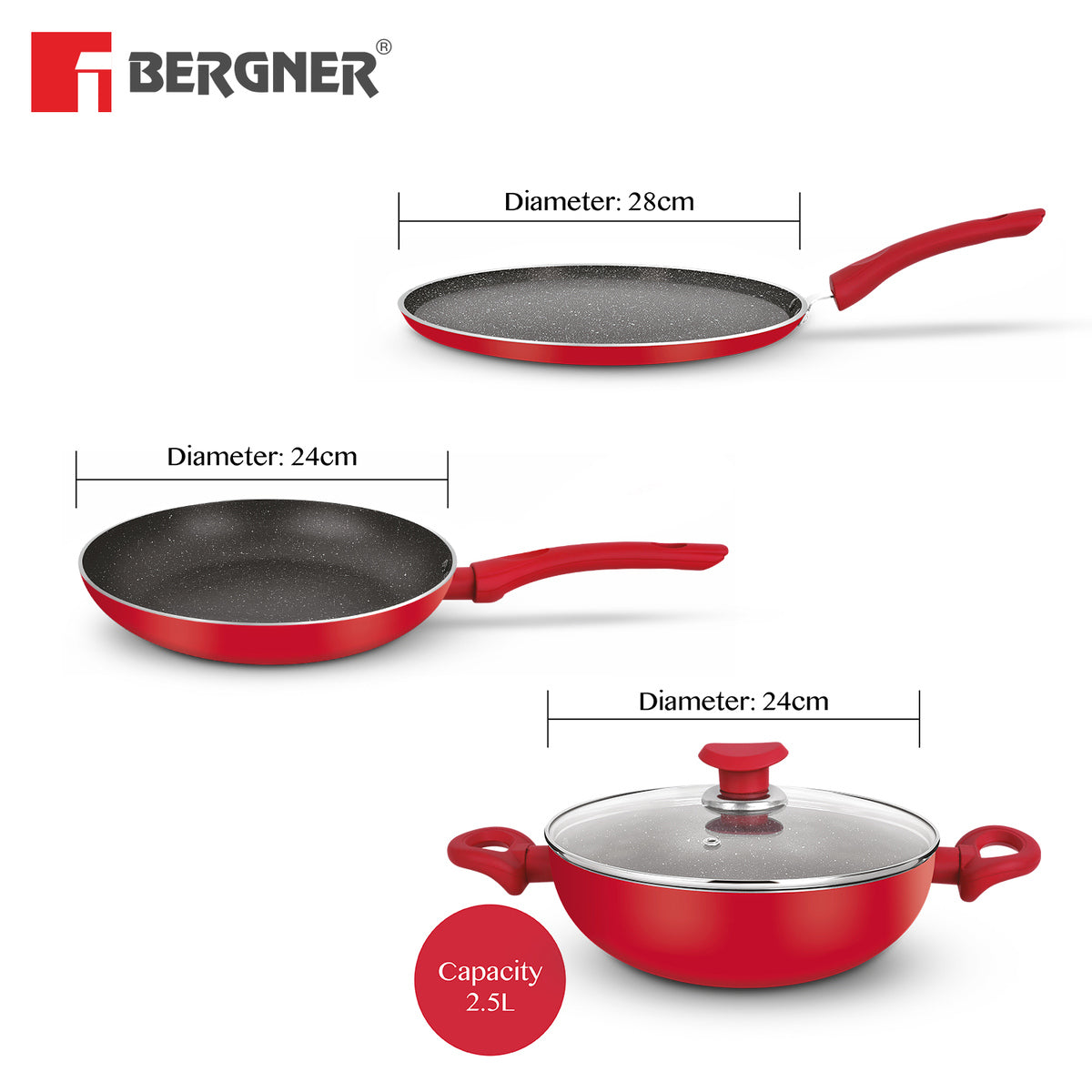 Bergner Bellini Plus Non-Stick 4 Pcs Cookware Set - 24cm (2.5 L) Kadai with Glass Lid, 24cm Frypan and 28cm Tawa, Less Oil Use - Induction Bottom