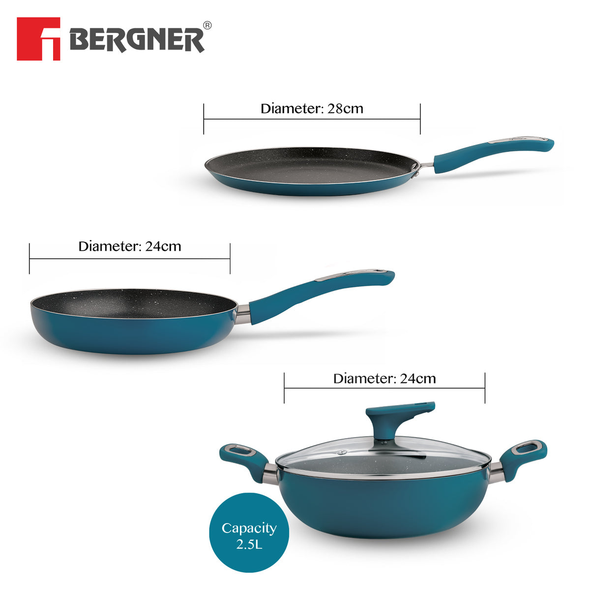 Bergner Cyan Non-Stick 4 Pcs Cookware Set - 24cm (2.5 L) Kadai with Glass Lid, 24cm Frypan and 28cm Tawa - Induction Bottom