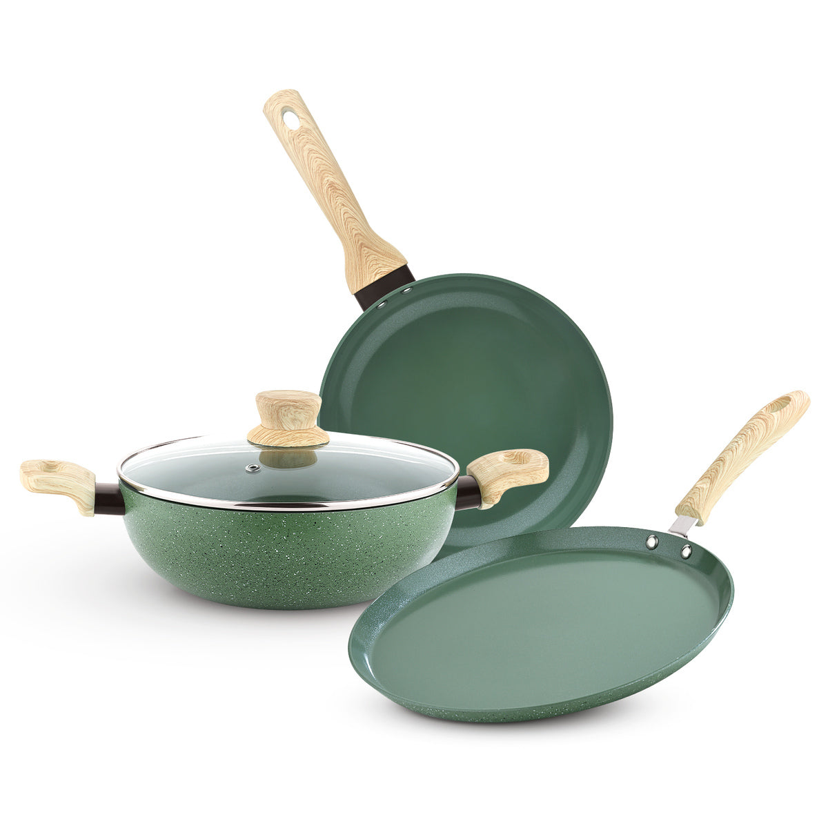 Bergner Greenfield Non-Stick 4 Pcs Cookware Set - 24cm (2.5 L) Kadai with Glass Lid, 24cm Frypan and 28cm Tawa, Ceramic Coating - Induction Bottom