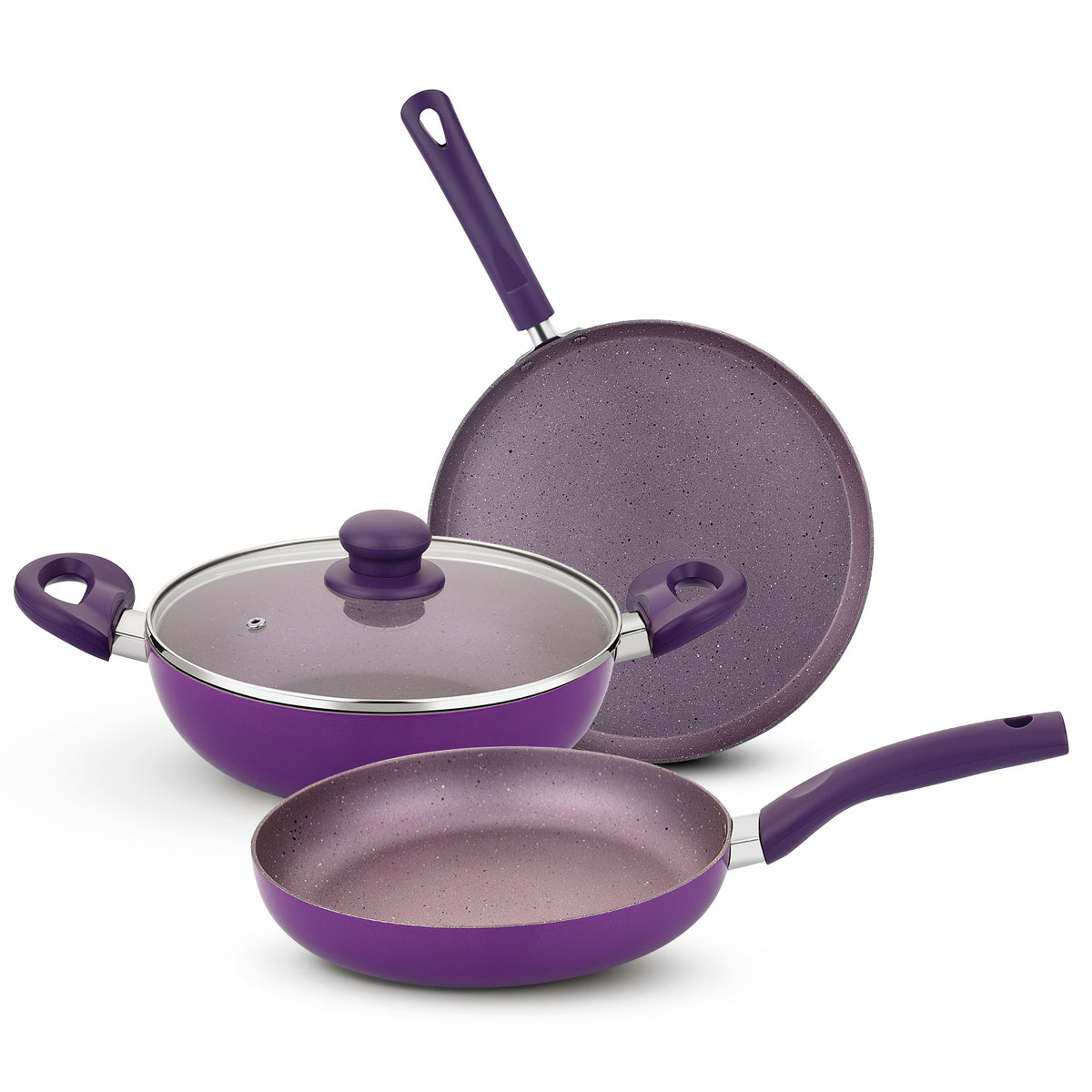 Bergner Vega Non-Stick 4 Pcs Cookware Set - 24cm (2.5 L) Kadai with Glass Lid, 24cm Frypan and 28cm Tawa, Less Oil Use - Induction Bottom