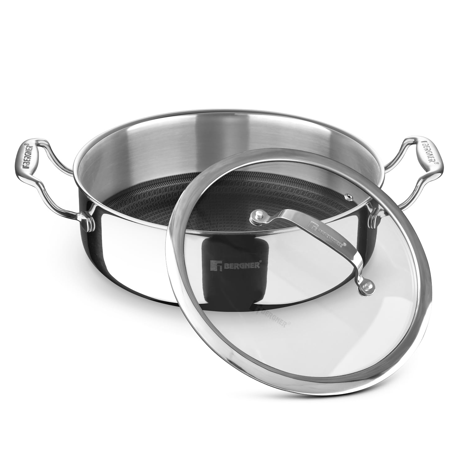 Bergner Hi-Tech TriPly Stainless Steel Non-Stick Serving Pan with Glass Lid Induction Bottom