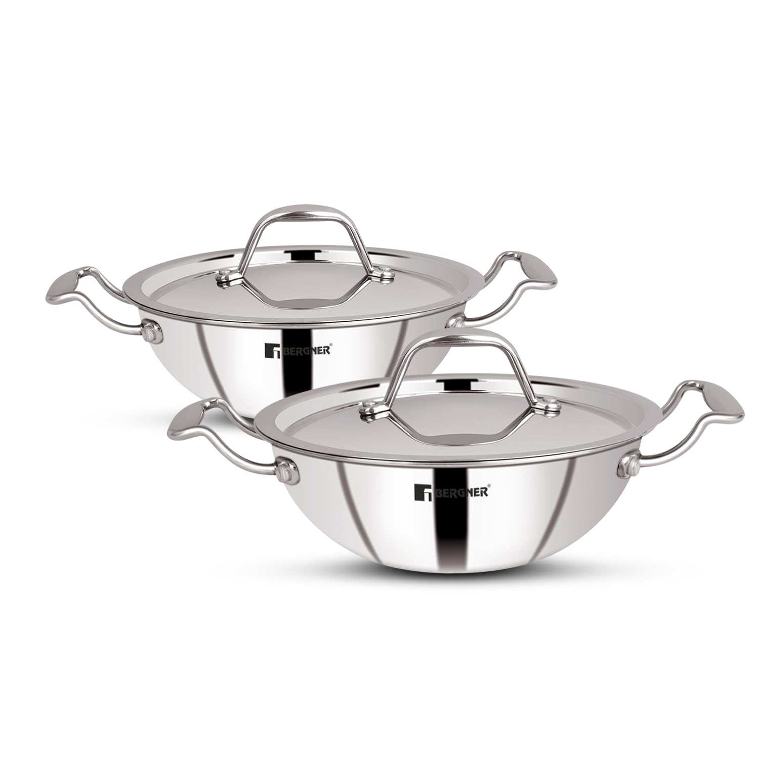 Bergner Argent Junior Chef TriPly Stainless Steel Set - 16cm (1.1 L) Kadai with Lid and 18cm (1.5 L) Kadai with Lid - Induction