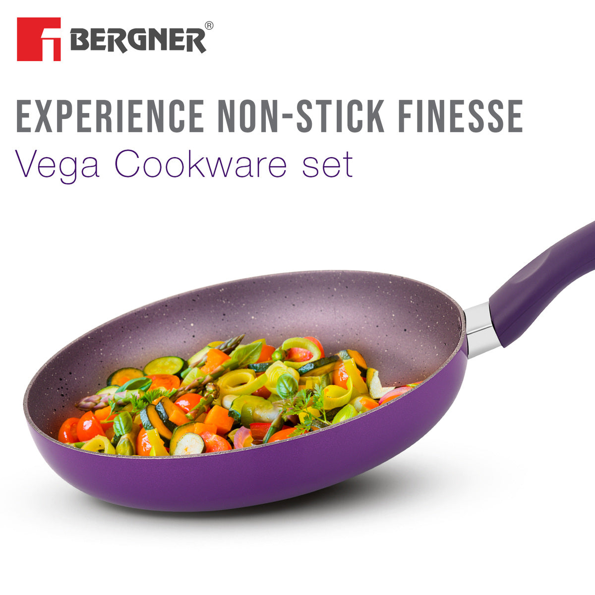 Bergner Vega Non-Stick 4 Pcs Cookware Set - 24cm (2.5 L) Kadai with Glass Lid, 24cm Frypan and 28cm Tawa, Less Oil Use - Induction Bottom