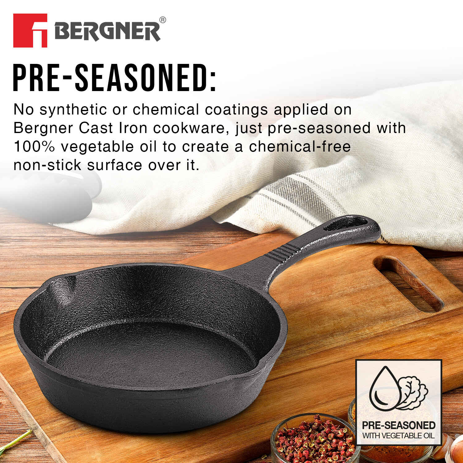 Bergner Eco Cast Iron 15 cm Skillet, Pre-Seasoned, Comes with Silicone Sleeve - Induction Bottom