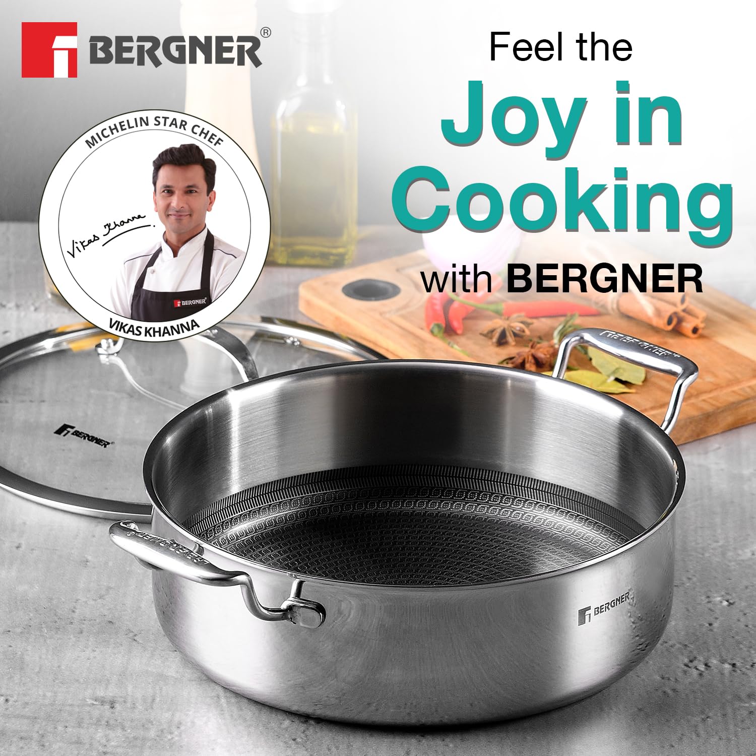 Bergner Hi-Tech TriPly Stainless Steel Non-Stick Serving Pan with Glass Lid Induction Bottom