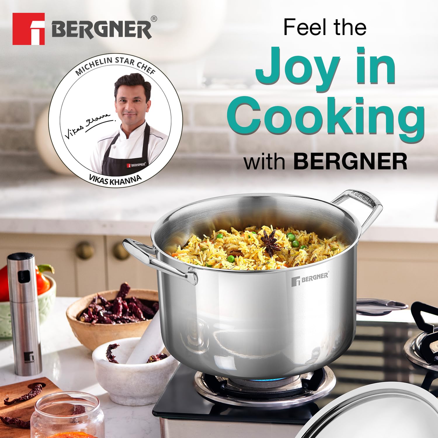 Bergner Argent Plus TriPly Stainless Steel 24 cm Biryani Pot with Stainless Steel Lid - Full Induction