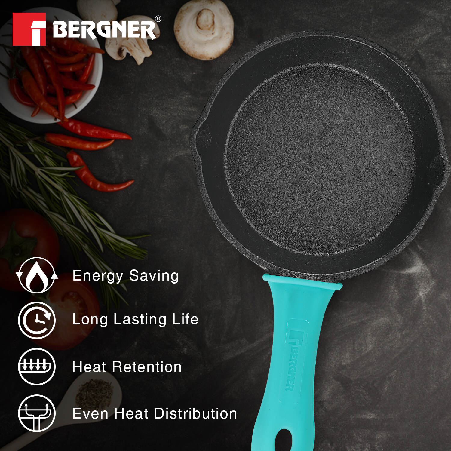 Bergner Eco Cast Iron 15 cm Skillet, Pre-Seasoned, Comes with Silicone Sleeve - Induction Bottom