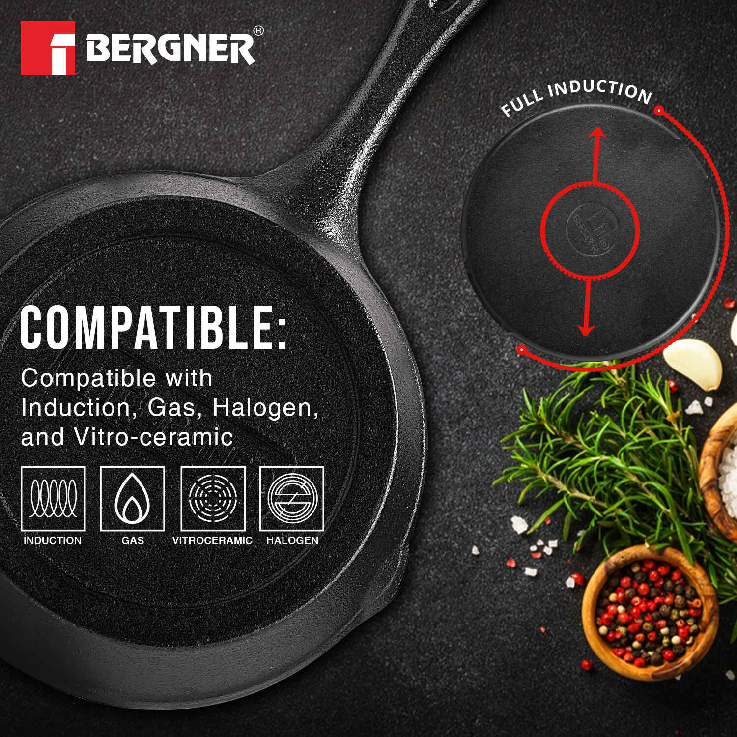 Bergner Eco Cast Iron 15 cm Skillet, Pre-Seasoned, Comes with Silicone Sleeve - Induction Bottom