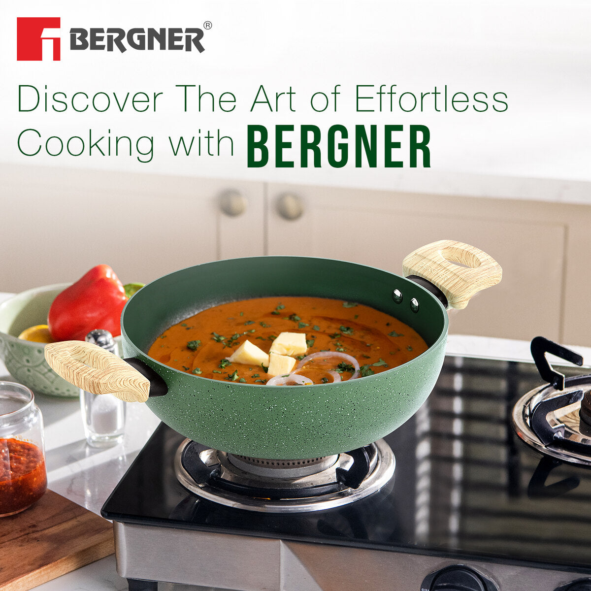 Bergner Greenfield Non-Stick 4 Pcs Cookware Set - 24cm (2.5 L) Kadai with Glass Lid, 24cm Frypan and 28cm Tawa, Ceramic Coating - Induction Bottom