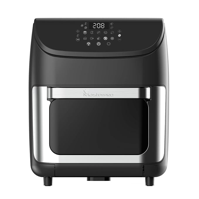 Bergner MasterPro Air Fryer Oven 1700W (12 L), Rotisserie/Bake/Air Fry/Reheat/Defrost, 360 Degree Airflow Technology, Multi PreSet Cooking Menu, 2x Crisper Tray, Drip Tray, Rotesserie Set and Tool