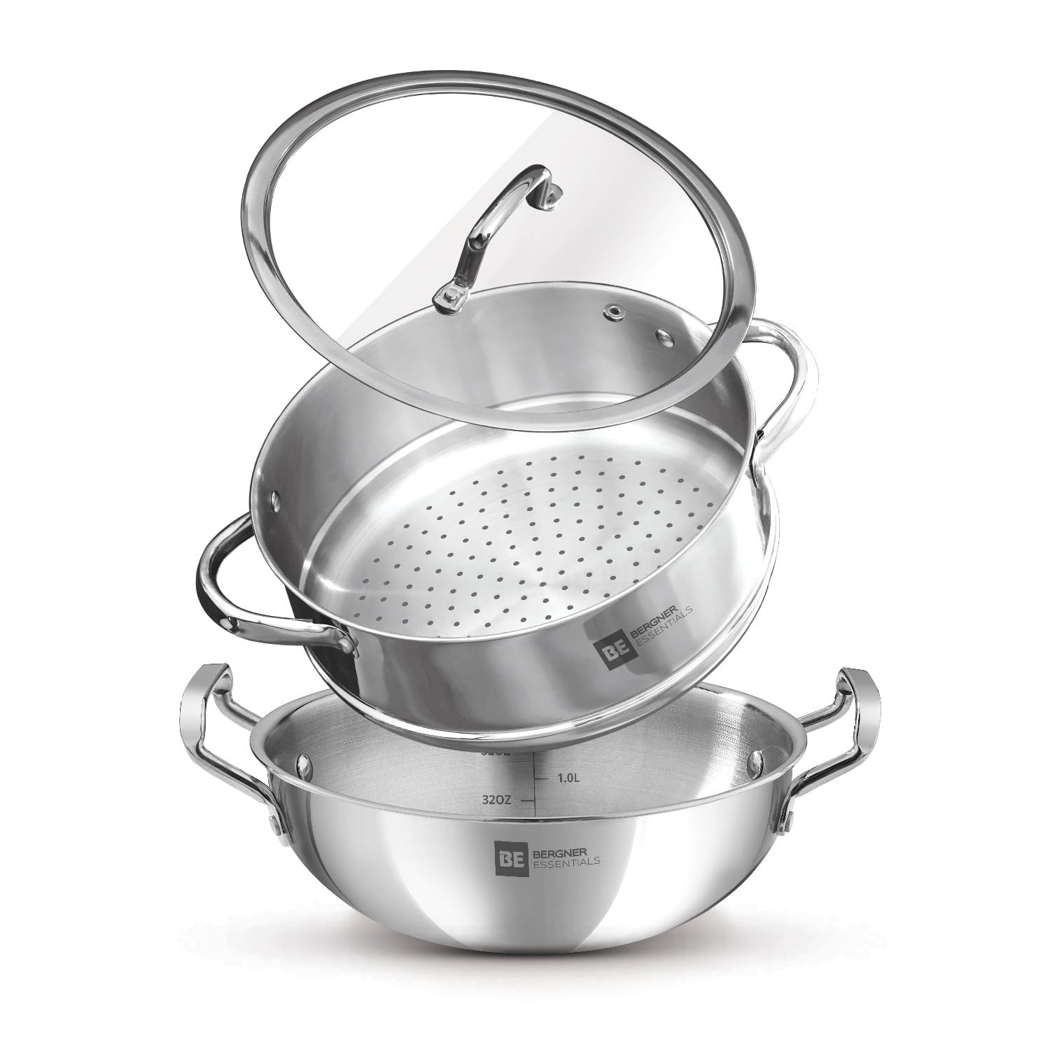 Bergner BE Essentials Tri-Ply Stainless Steel 3 Pcs Cookware Set - 24 cm Kadai and Steamer with Common Flat Glass Lid - Induction Bottom (5-Year Warranty)