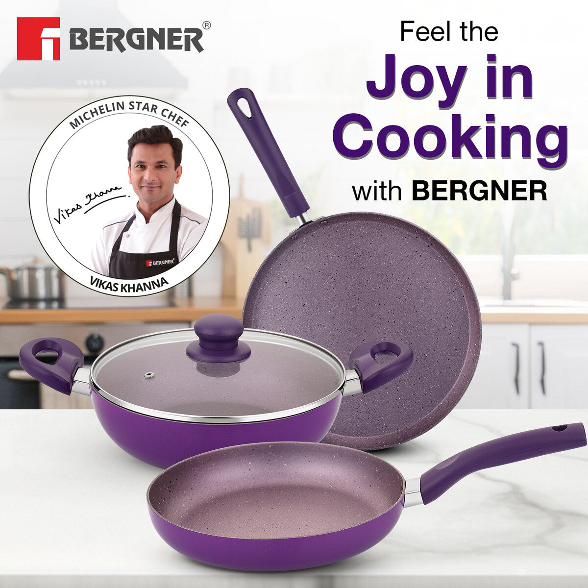 Bergner Vega Non-Stick 4 Pcs Cookware Set - 24cm (2.5 L) Kadai with Glass Lid, 24cm Frypan and 28cm Tawa, Less Oil Use - Induction Bottom