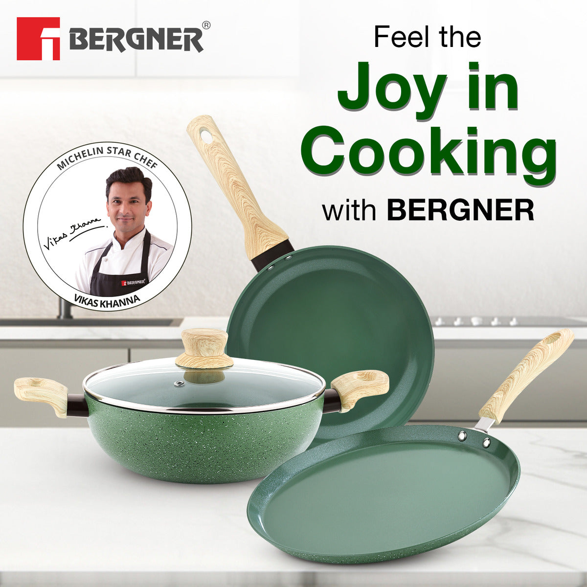 Bergner Greenfield Non-Stick 3 Pcs Cookware Set - 24cm (2.5 L) Kadai with Glass Lid and 24cm Frypan, Ceramic Coating - Induction Bottom