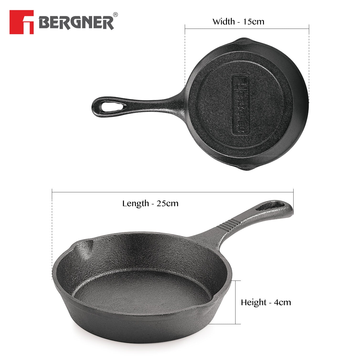 Bergner Eco Cast Iron 15 cm Skillet, Pre-Seasoned, Comes with Silicone Sleeve - Induction Bottom