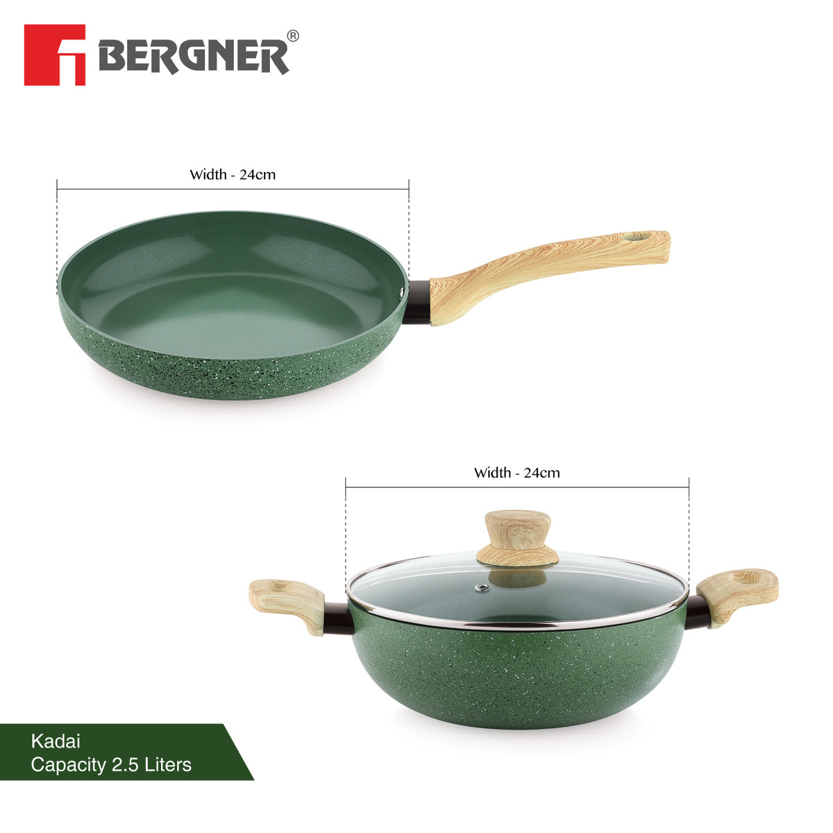 Bergner Greenfield Non-Stick 3 Pcs Cookware Set - 24cm (2.5 L) Kadai with Glass Lid and 24cm Frypan, Ceramic Coating - Induction Bottom