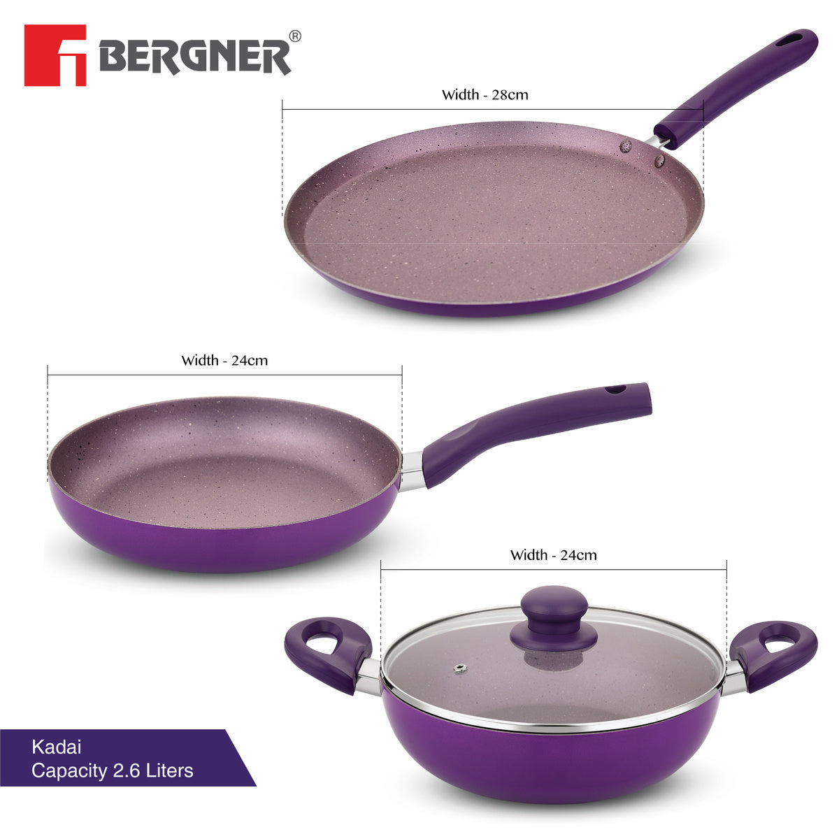 Bergner Vega Non-Stick 4 Pcs Cookware Set - 24cm (2.5 L) Kadai with Glass Lid, 24cm Frypan and 28cm Tawa, Less Oil Use - Induction Bottom