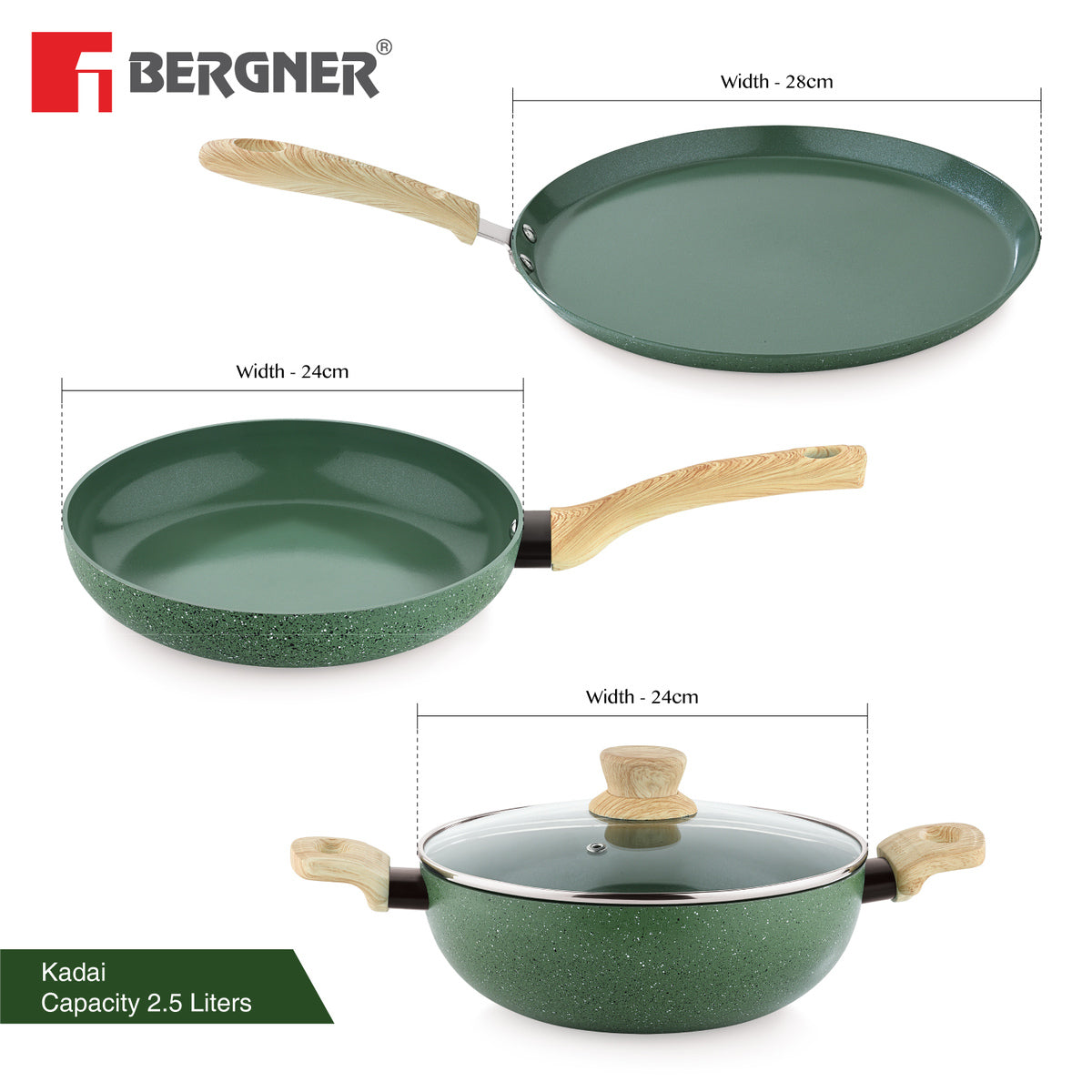 Bergner Greenfield Non-Stick 4 Pcs Cookware Set - 24cm (2.5 L) Kadai with Glass Lid, 24cm Frypan and 28cm Tawa, Ceramic Coating - Induction Bottom