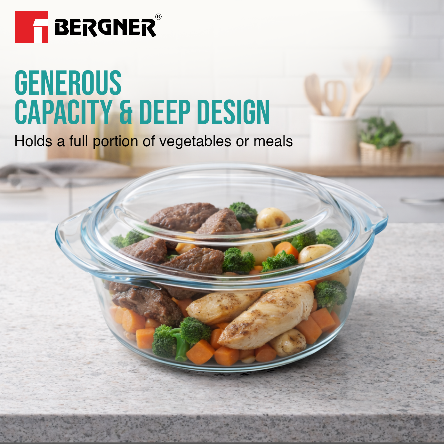 Ambiento Borosilicate Glass Casserole With Lid 1L